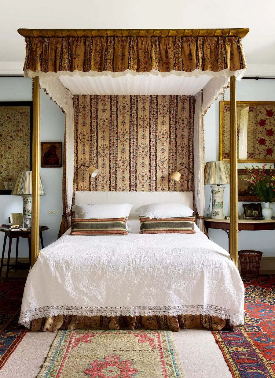 Traditional Canopy Bed in English Country Bedroom via Robert Kime and House and Garden UK