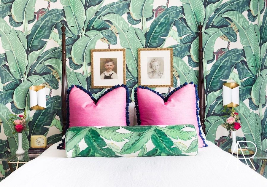 Palm Leaf Wallpaper, Pink throw Pillows, wall sconces, Tropical Bedroom via Rue Mag Alyssa Rosenheck Photography