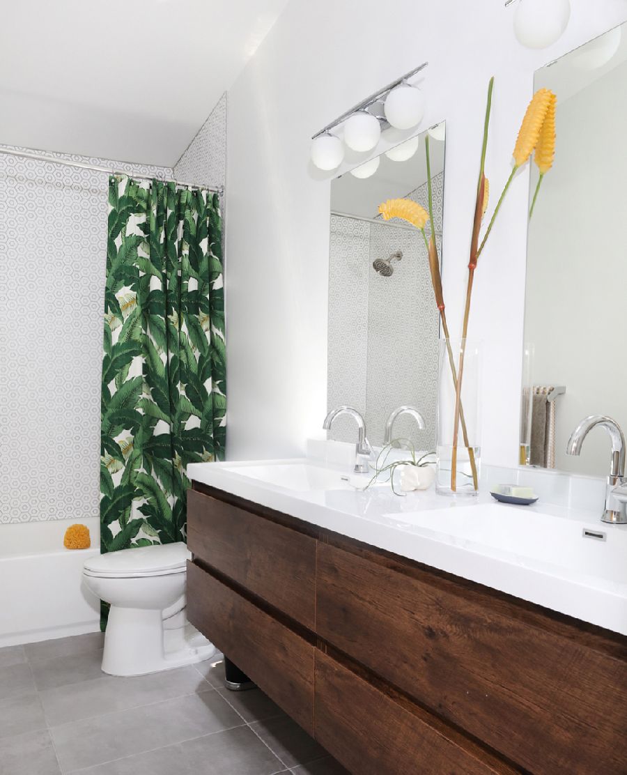 Tropical Shower Curtain Mid-Century Modern Bathroom via @postandbeamliving