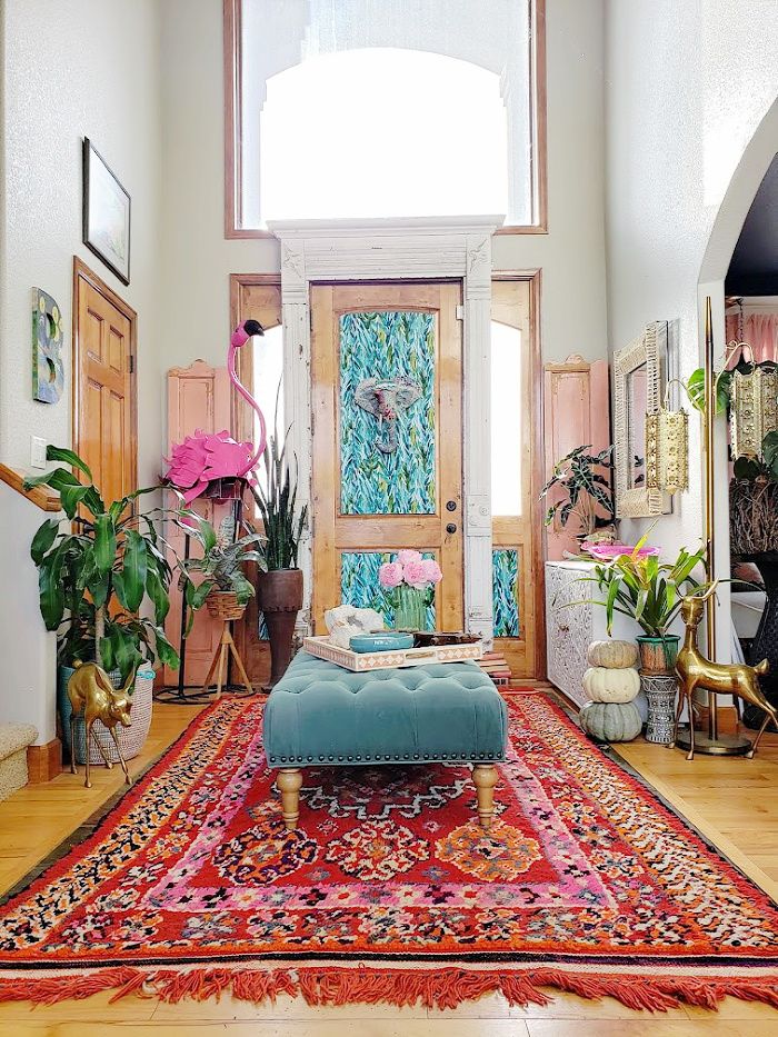 Turquoise Ottoman boho entryway design ideas via eclectictwist