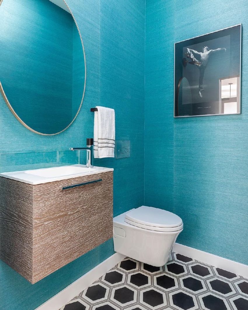Turquoise Walls and Hexagon Tile Floors Mid-Century Modern Bathroom via @destinationeichler
