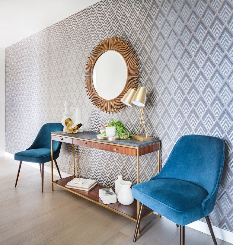 Velvet Mid-century Side Chairs for Mid-century modern entryway decor via Lindye Galloway Interiors