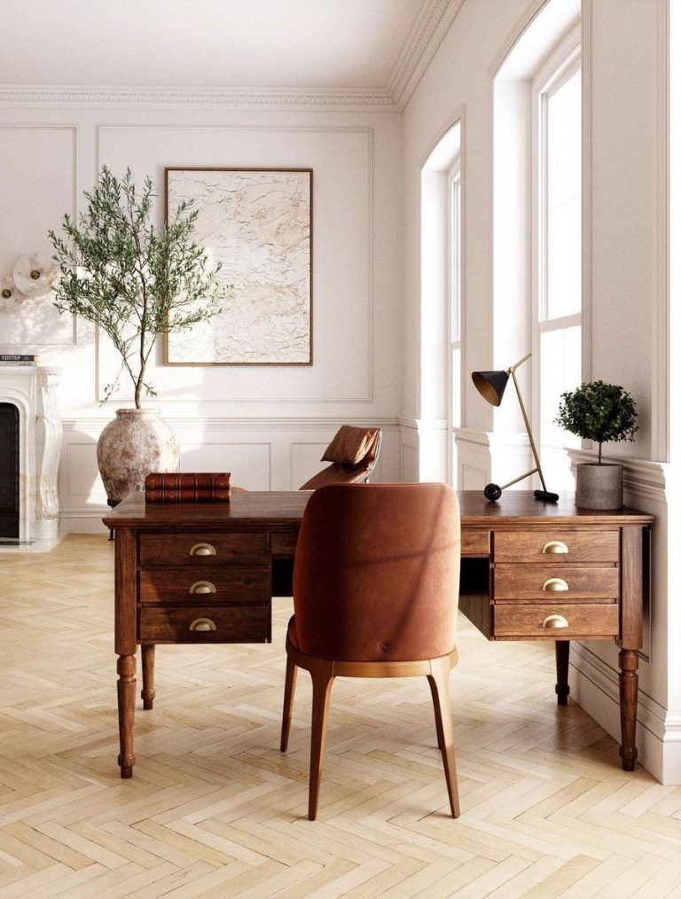 10 Neutral Home Office Decor Ideas For Beige Lovers   Vintage Executive Desk And Rust Velvet Office Chair In Neutral Office Design Via @anthology Creative Studio 768x1014 