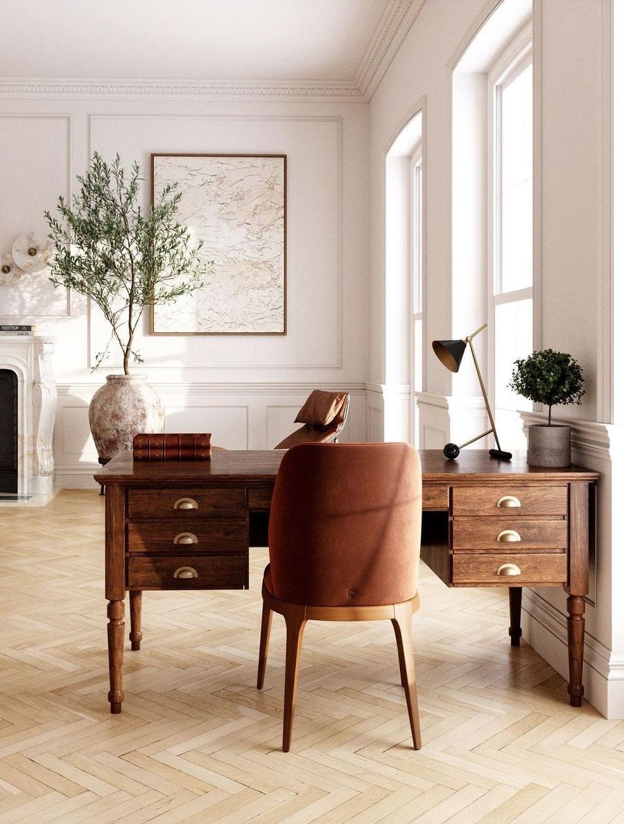 Vintage Executive Desk and Rust Velvet Office Chair in Neutral office design via @anthology_creative_studio