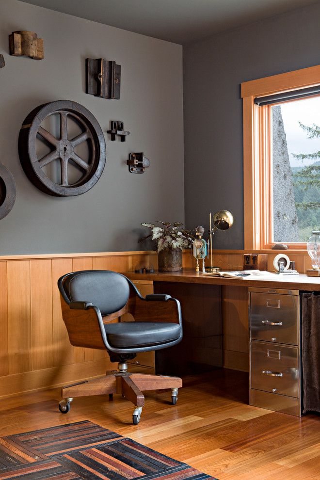 Vintage Metal Filing Cabinets in Industrial Home Office Design via Jessica Helgerson Interior Design