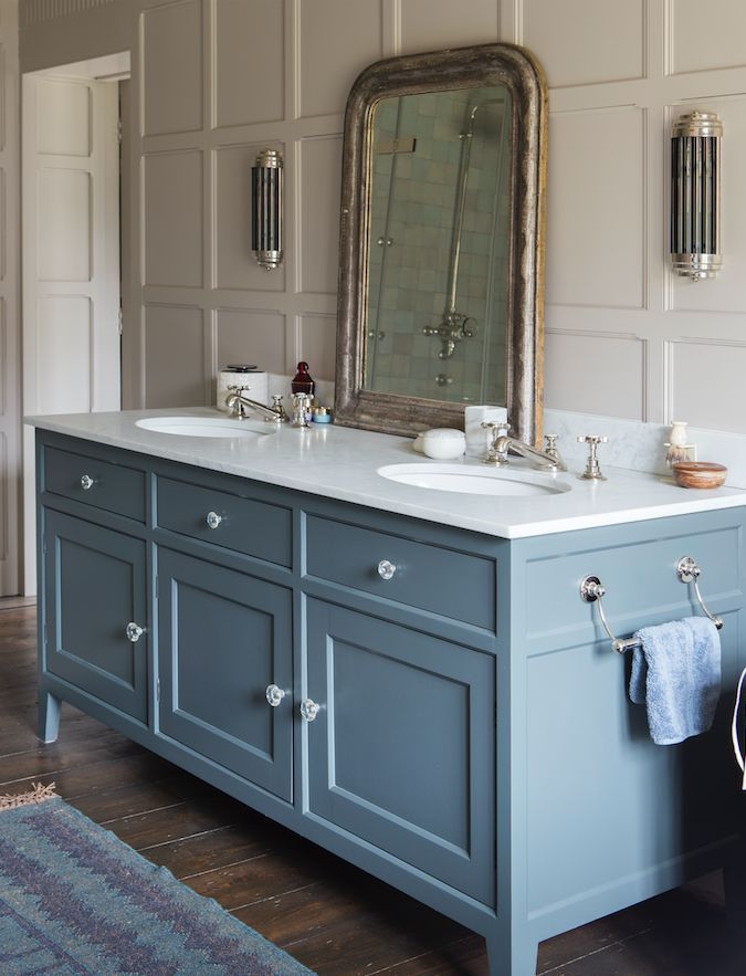 Vintage Mirror in English Country Bathroom Design with double sinks via Mark Taylor Design