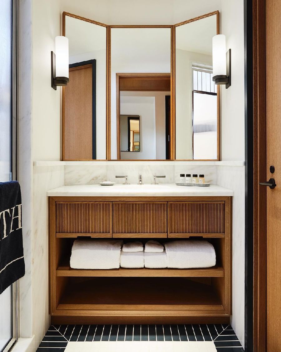 Warm Wood Vanity Mid-Century Modern Bathroom via @gachotstudios
