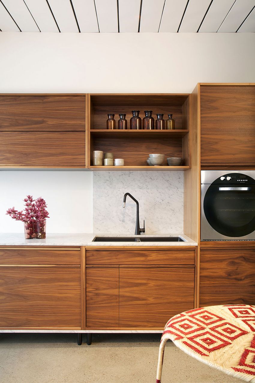 White Marble Backsplash Mid-Century Modern Kitchen via YellowTrace