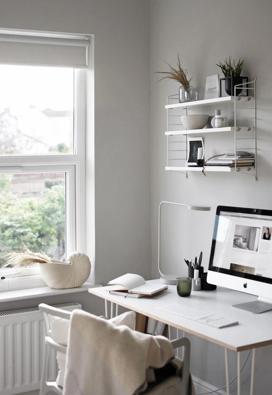 White Minimal Task Lamp in Scandinavian Home Office Design via These Four Walls