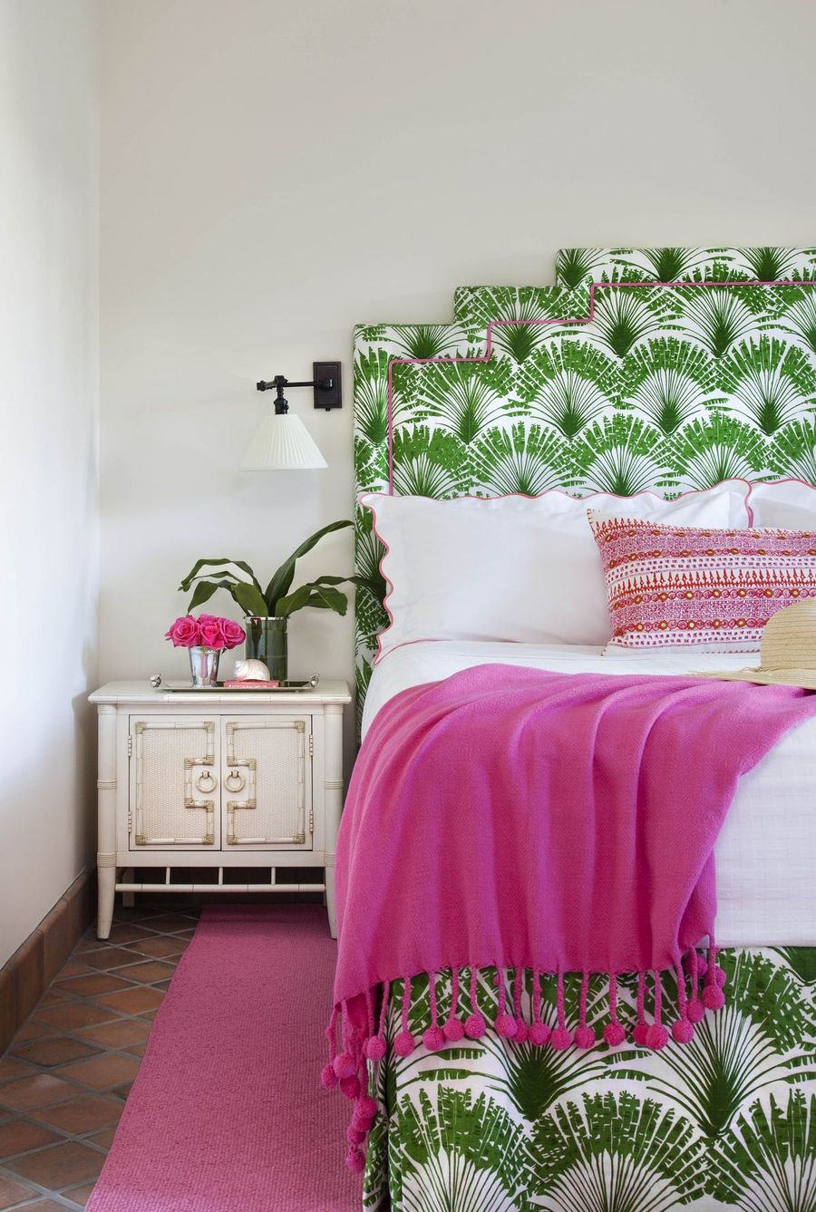 White Rattan Nightstand in Tropical Bedroom via Anne Hepfer