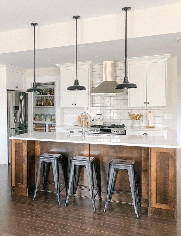 White Subway Tile Backsplash Industrial Kitchen Decor Via @thegirlonwaverley 