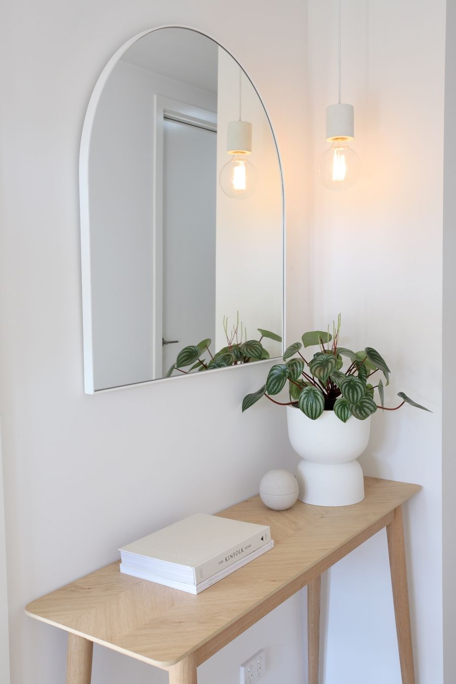 Wood Console Table in Scandi Entryway Design via Haus of Cruze