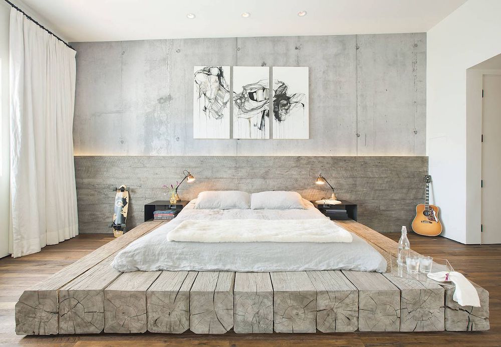 Wood Pillar Platform Bed in Industrial bedroom via SUBU Design Architecture