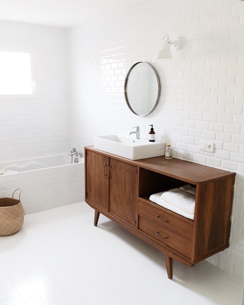 Wood Vanity and Vessel Sink Mid-Century Modern Bathroom @sunrise_over_sea