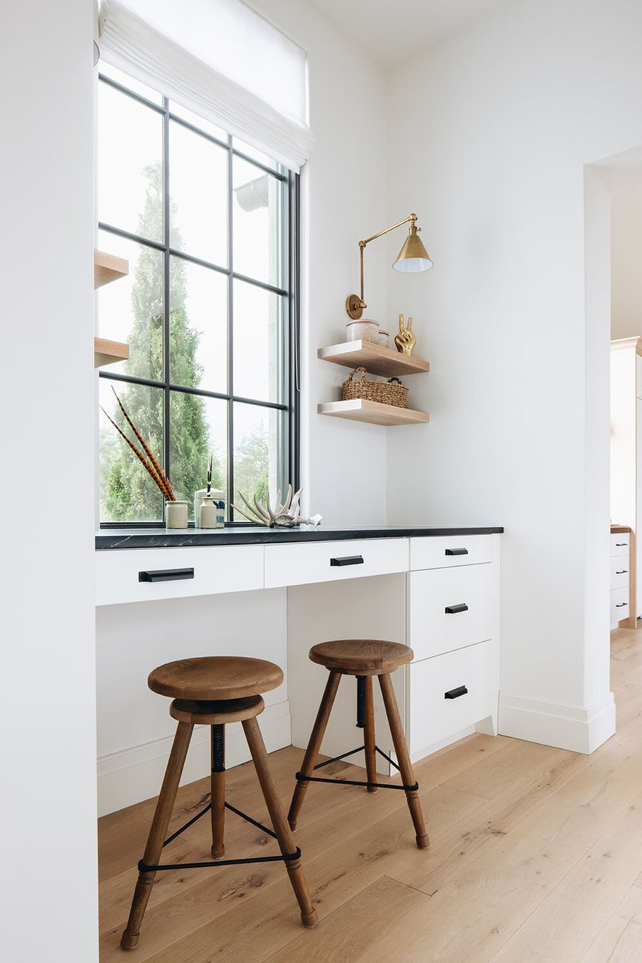 Wooden Stools Neutral Home Office Design via katemarkerinteriors