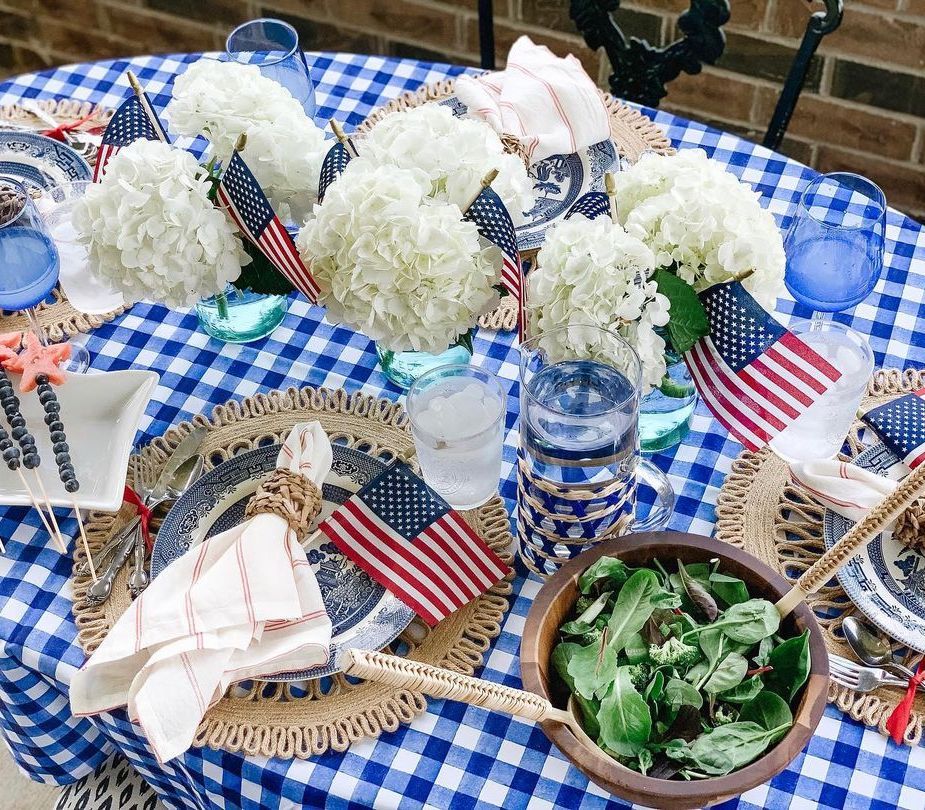 4th of July Home Decor Blue Gingham tablecloth via @ashleybrewerinteriors