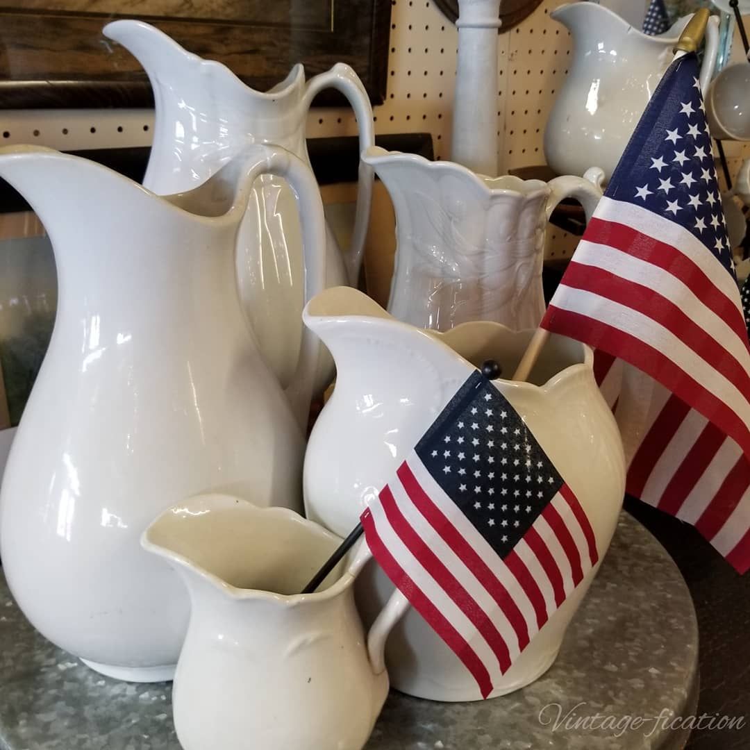 4th of July Home Decor Flags in Farmhouse White Pitchers via @vintage_fication