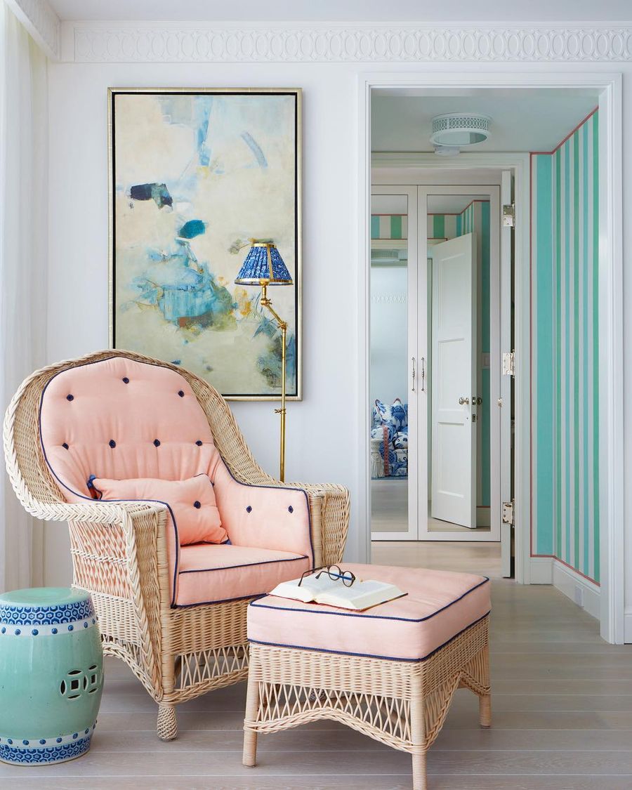 Coastal Reading Nook with Wicker Chair and Foot Stool via @ellenkavanaugh