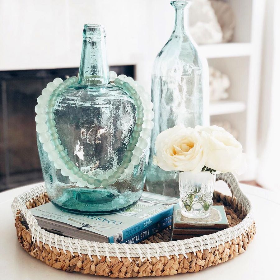 Coastal Vignette with Blue Glass bottles via @breezydesigns