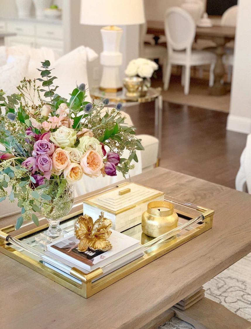 Glam Vignette Gold tray on Coffee Table via @thedecordiet