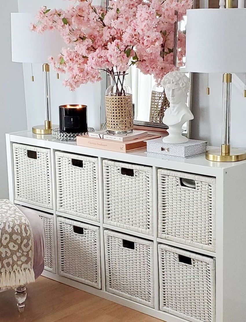 Glam Vignette on Dresser with White Bust and Pink Cherry Blossoms via @chic.interior.design
