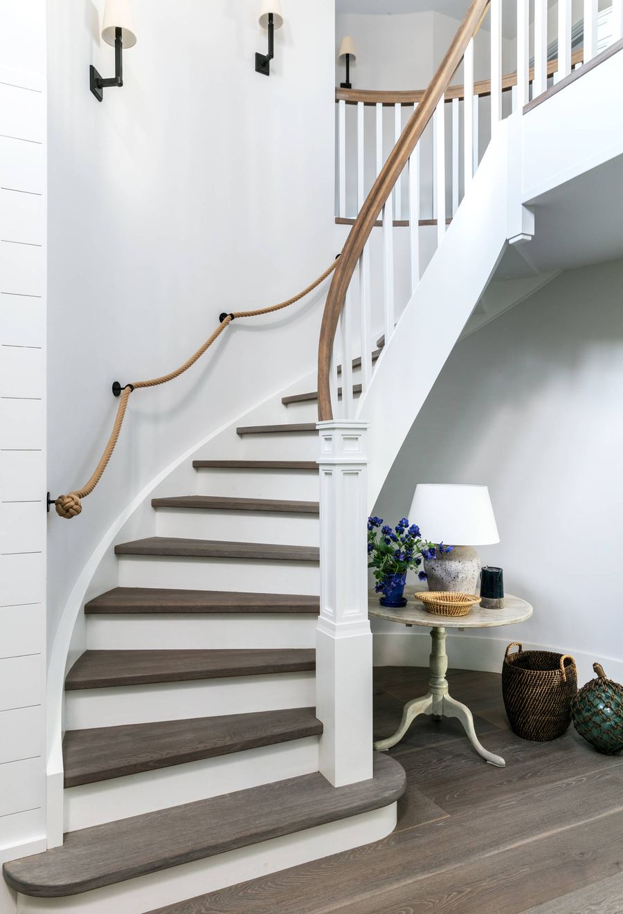 Modern Coastal Staircase Ideas with rope handrail via Lisette Voute Designs