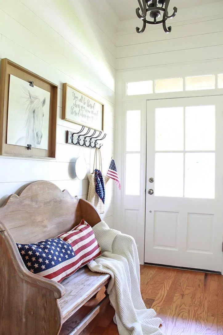 4th of July Farmhouse Decor Entryway with Wood Bench and Flag Pillow via beautyforashes