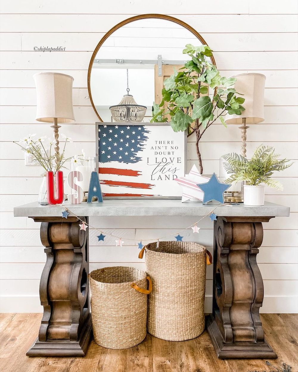 4th of July Farmhouse Decor USA Letter Blocks on Console Table via @shiplapaddict