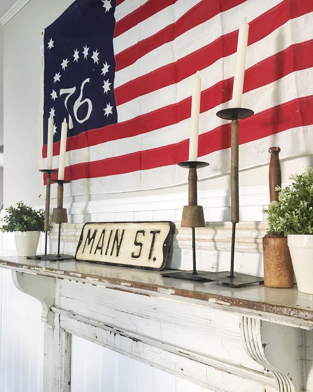 4th of July Farmhouse Decor Vintage Flag Above Fireplace via @michealadianedesigns