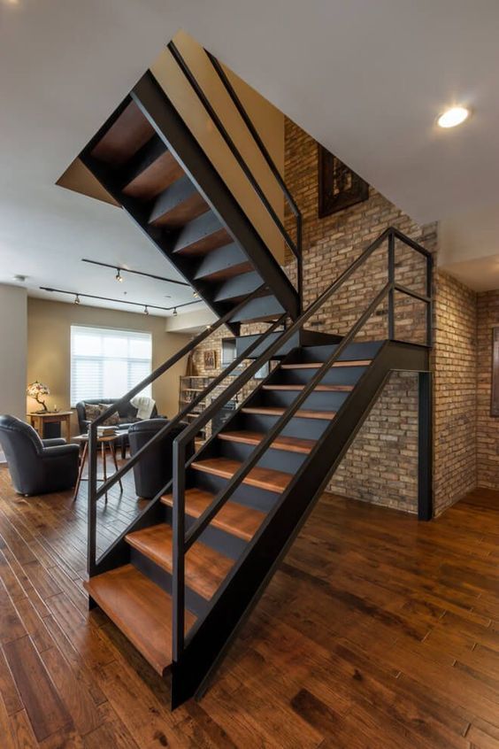 Industrial Staircase Design Metal Rails and Wood Steps