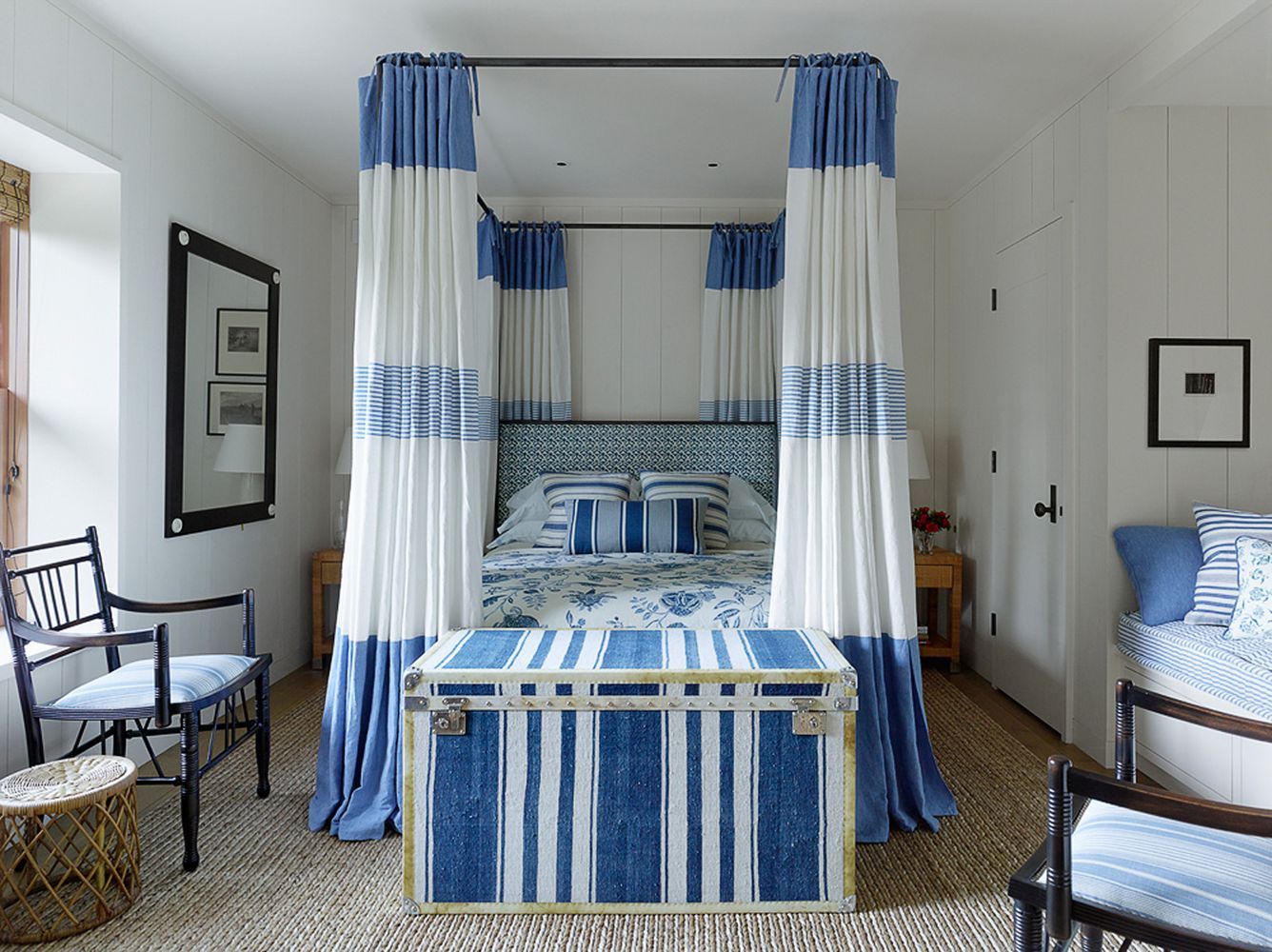 Nautical Bedroom Decor Blue Striped Canopy Bed Curtains via Mark D. Sikes