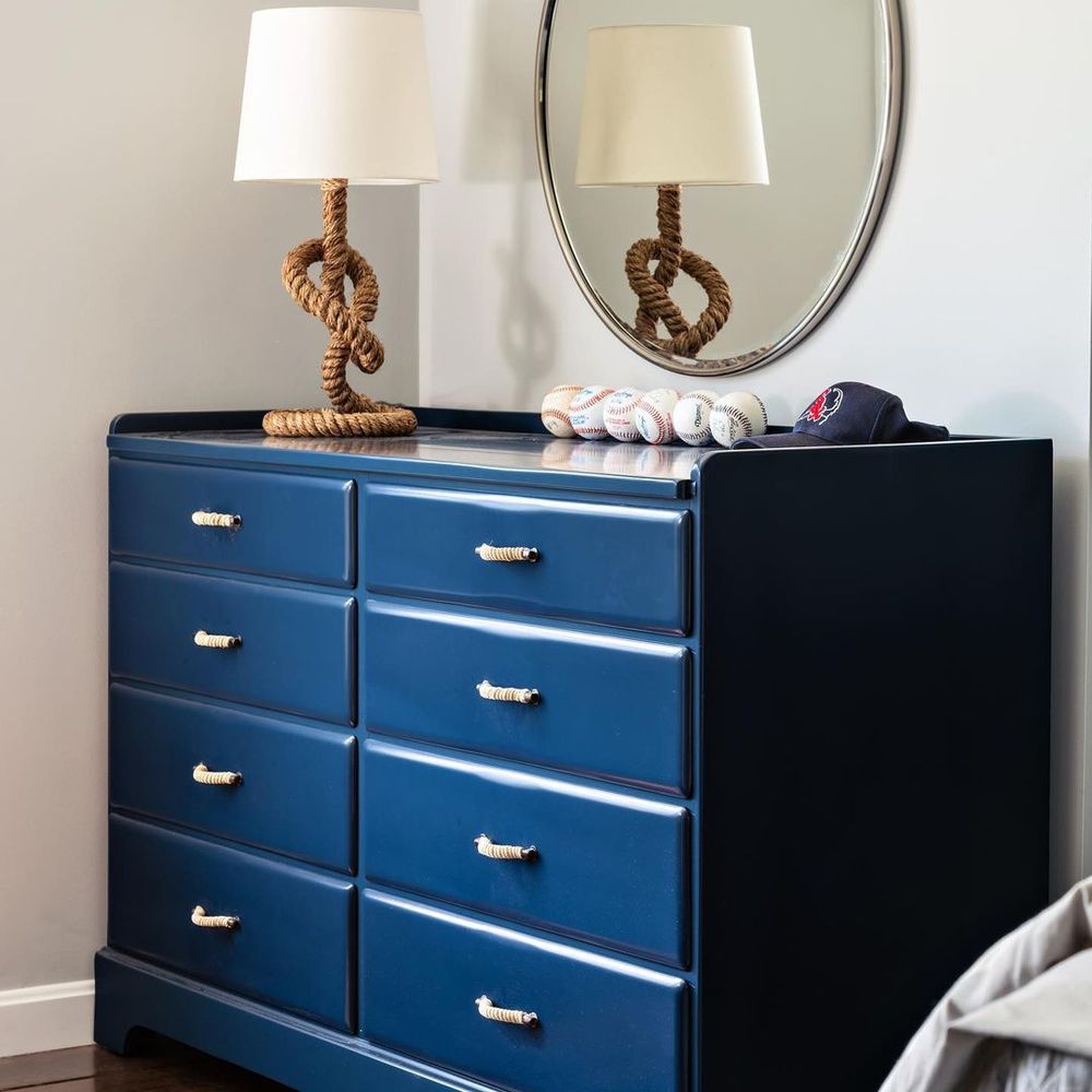 Nautical Bedroom Ideas Navy dresser with rope table lamp @washashorehome