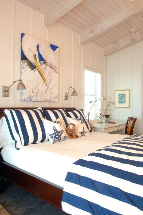 Nautical Bedroom with Blue and White Striped Linens