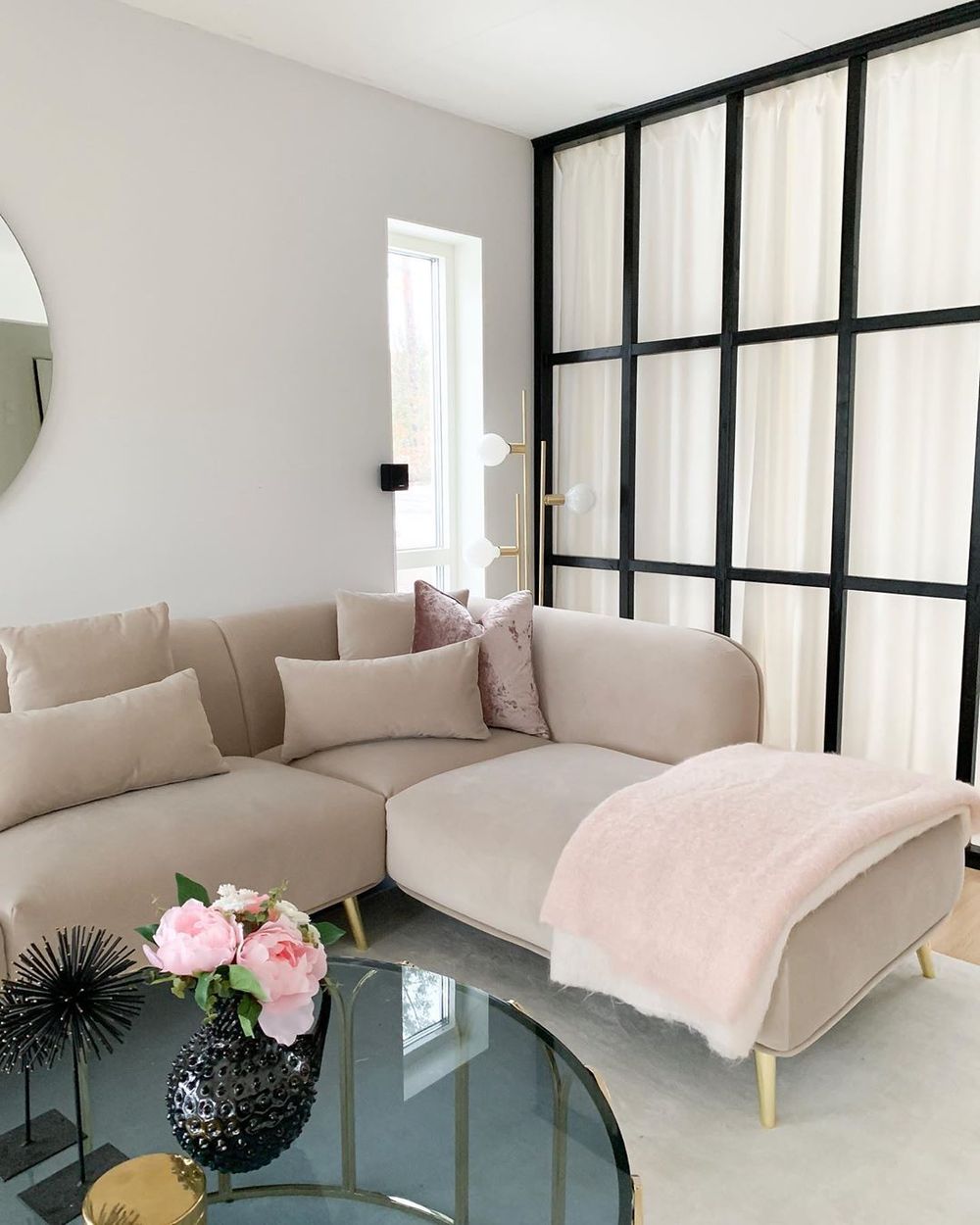 living room with beige sectional