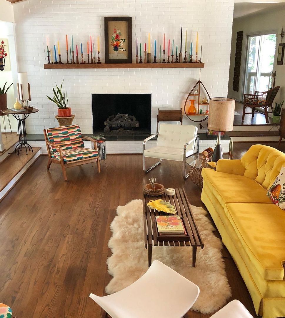 mid century modern living room with fireplace