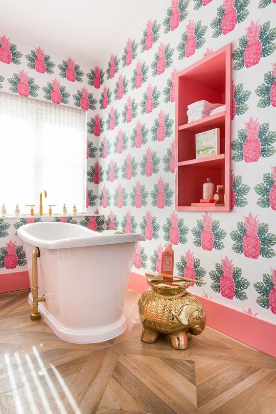 Tropical Bathroom Pink Pineapple Wallpaper via creative tonic