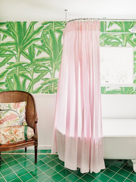 Tropical Bathroom Pink Shower Curtain