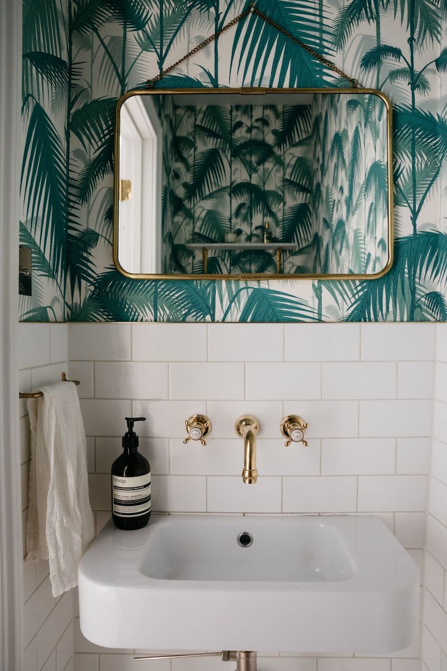 Tropical Bathroom with Palm Jungle Wallpaper via Alexa Hotz