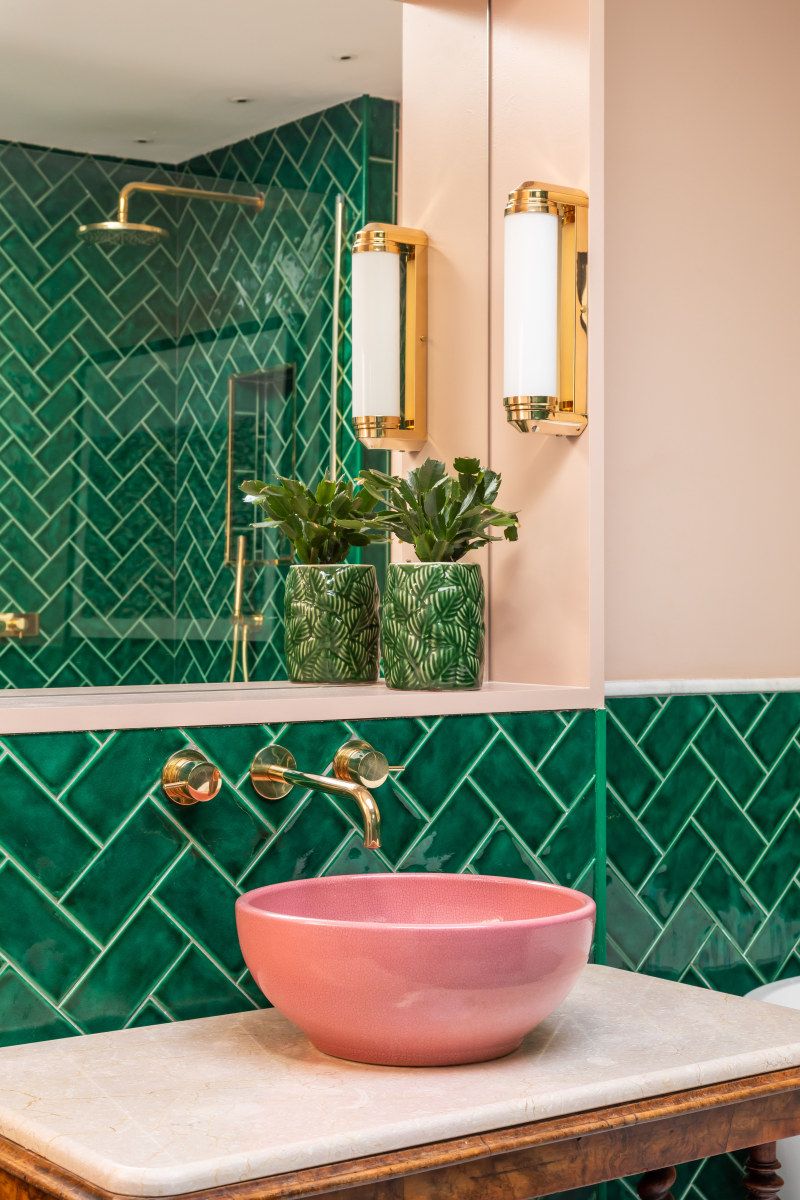 Tropical Bathroom with Pink Sink and Green Tiles via Barlow & Barlow
