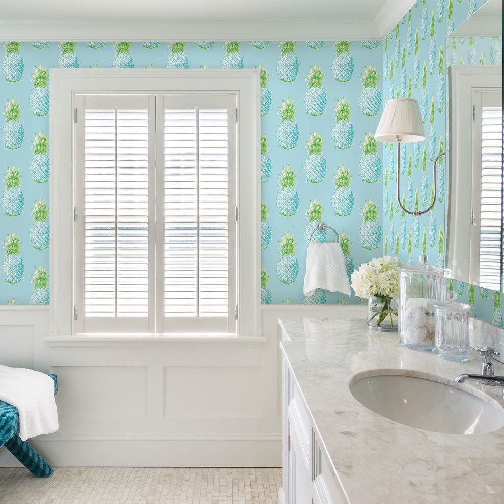 Tropical bathroom pineapple wallpaper design via Brewster Home Fashions