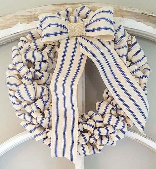 DIY Blue Striped Coastal Farmhouse Wreath via DIYBeautify
