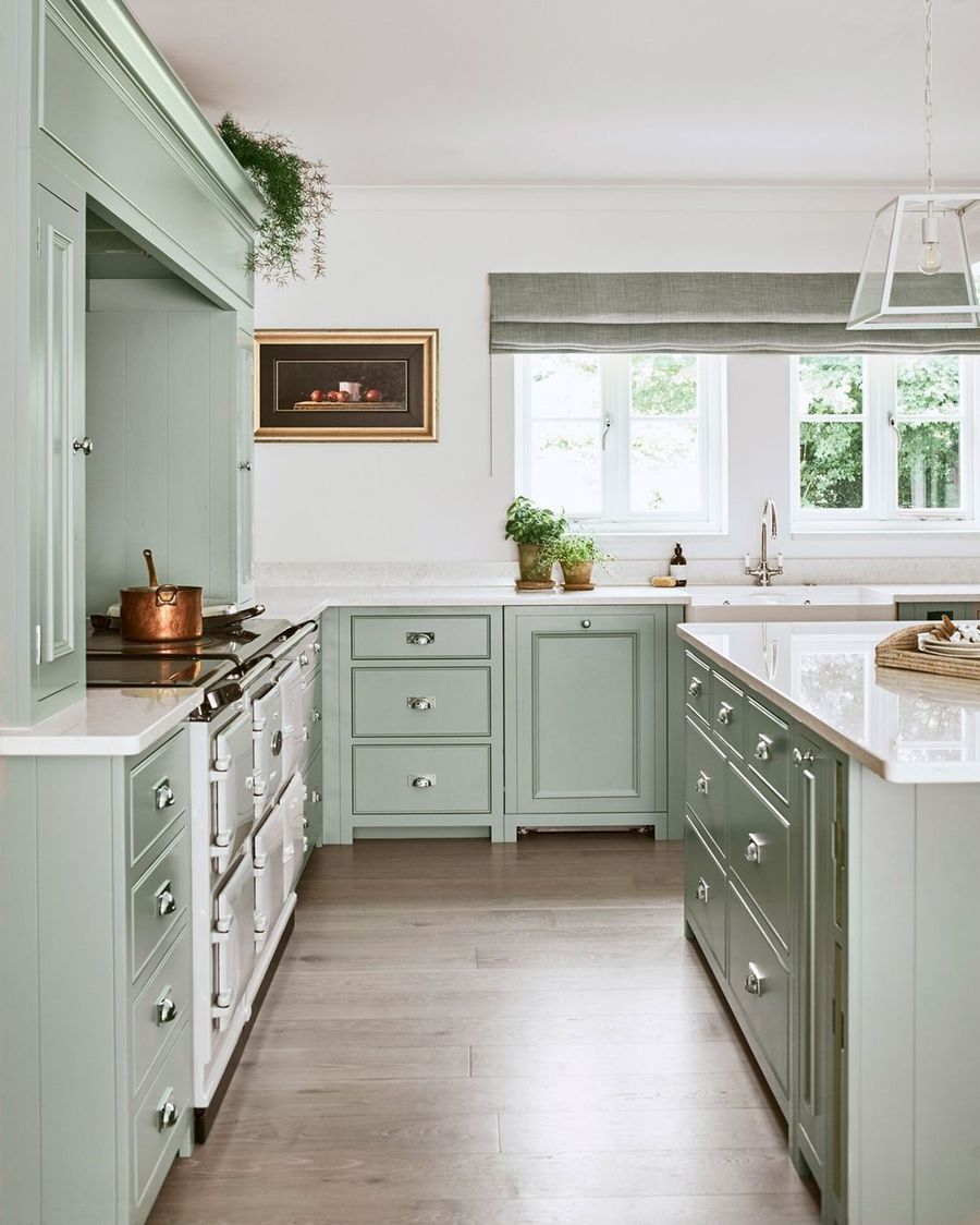 Sage Green Kitchen Cabinets in English Kitchen via @neptunehomeofficial