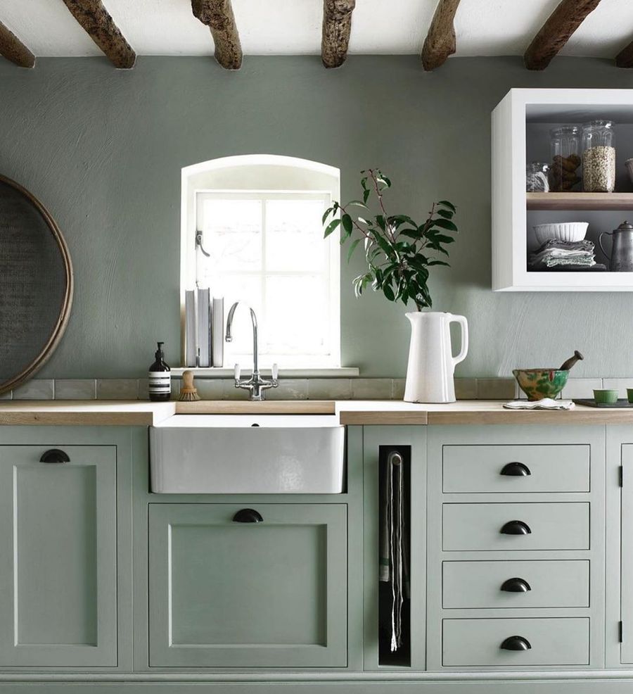 Sage Green Kitchen Wall and Cabinets via @neptunehomeofficial