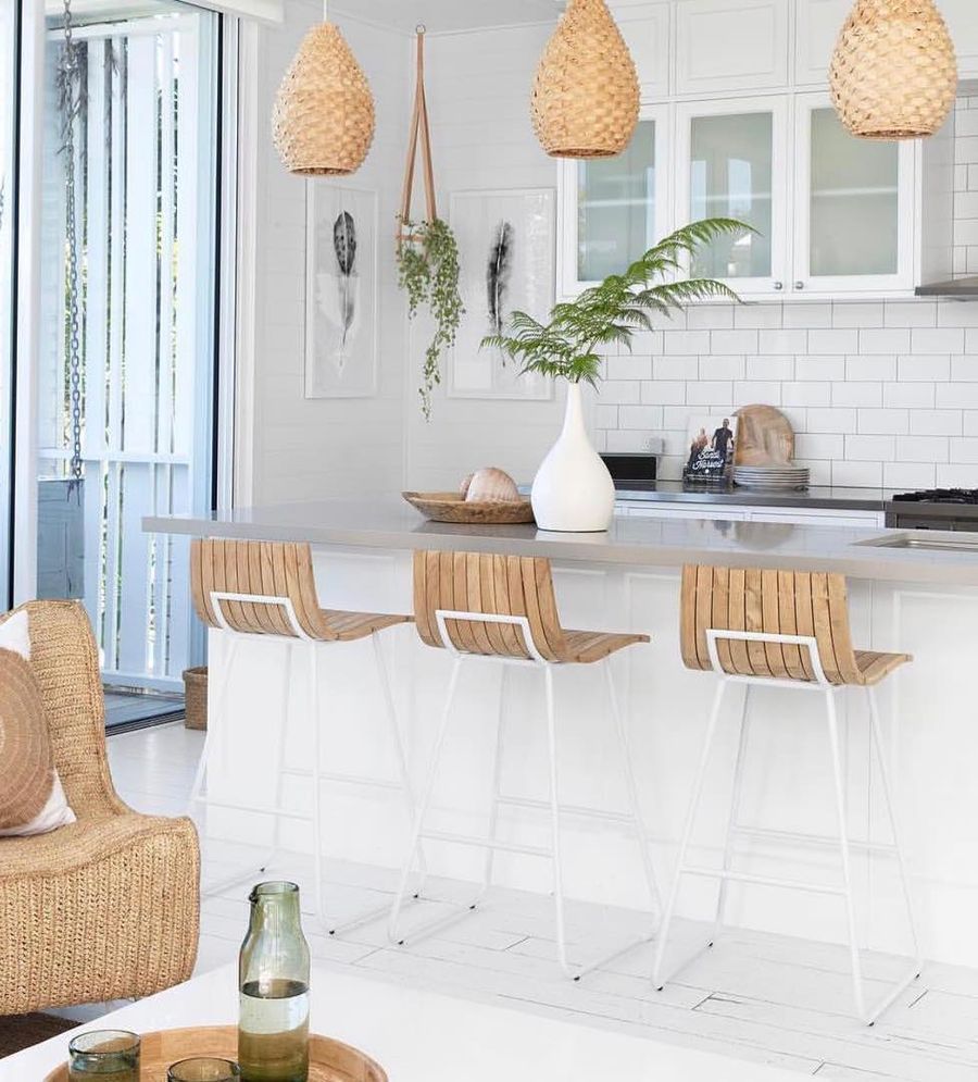 Tropical Kitchen with Blonde Wood Counter Chairs via @hamptonsholidayhouse
