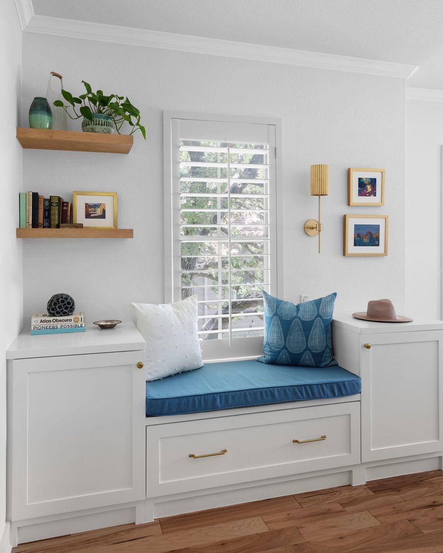 Window Seat with Floating Shelves via laurenramirezinteriors