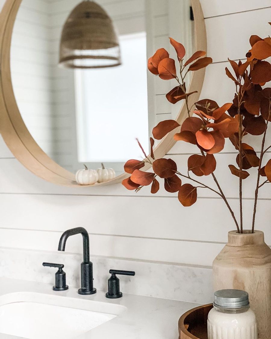 Burgundy Eucalyptus decor in wood vase fall bathroom decor ideas building.delight