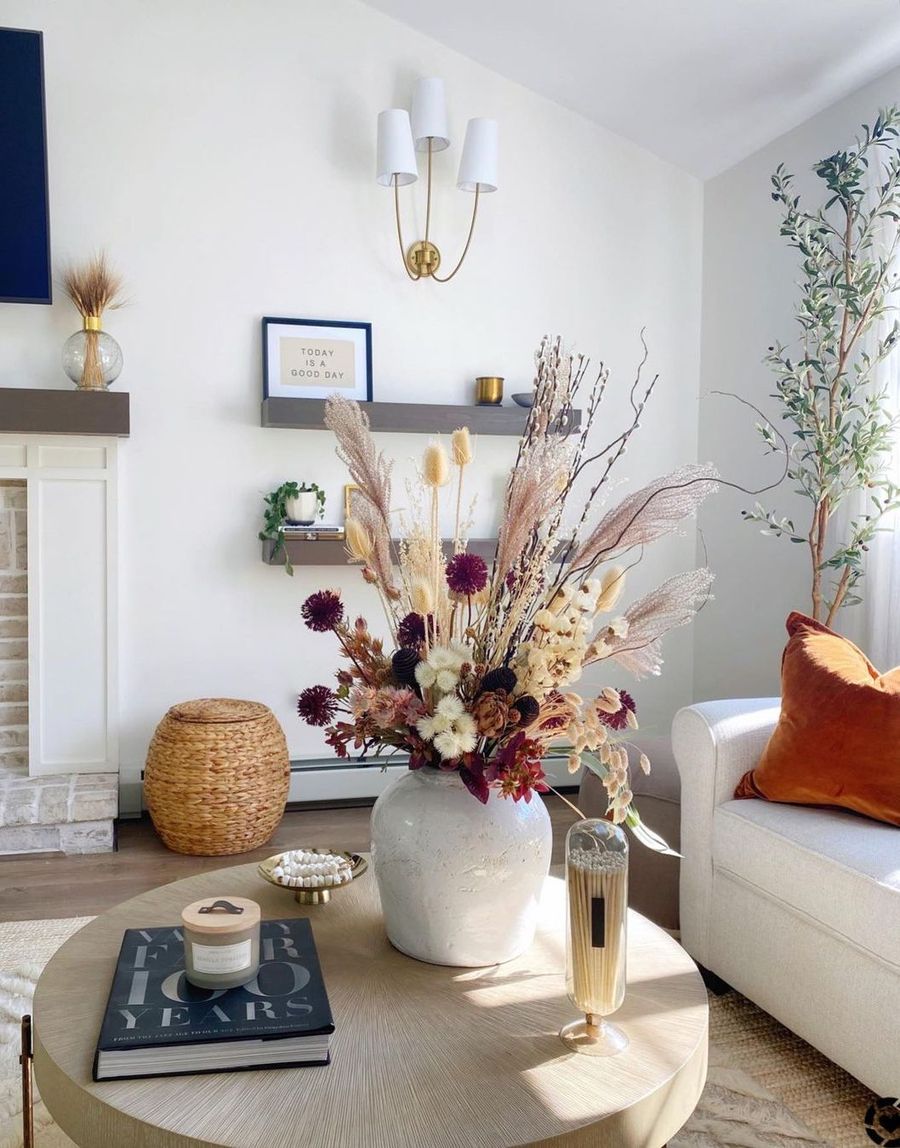 Fall Dried Flowers Centerpiece for Coffee Table Living Room via Jodie Titus