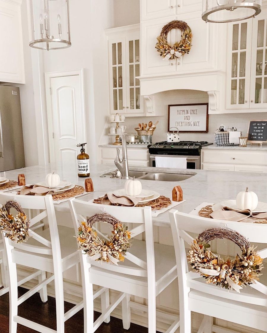 Fall Kitchen Decor Wreaths on Backs of Counter Chairs heatherbuglane