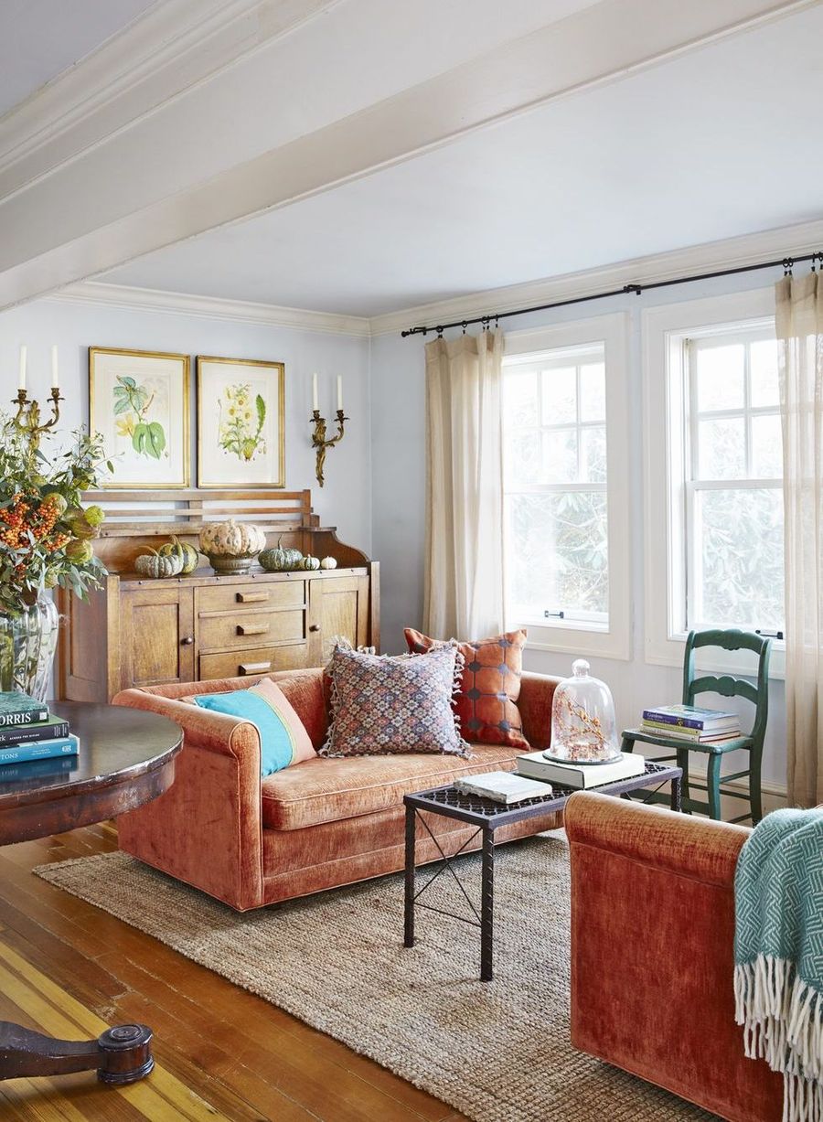 Fall Living Room Decor with Orange Sofas Connecticut via countryliving