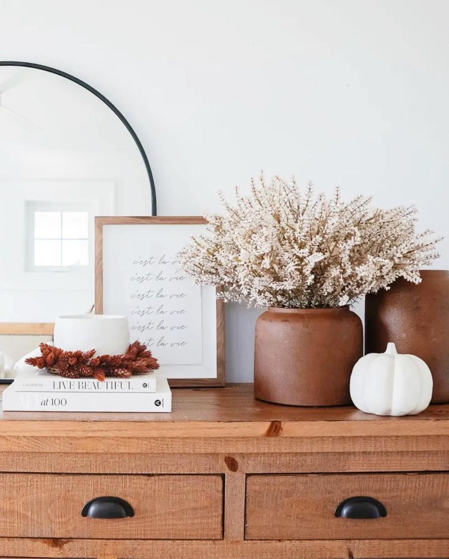 Fall bedroom decor dresser with fall candle redwhiteanddenim